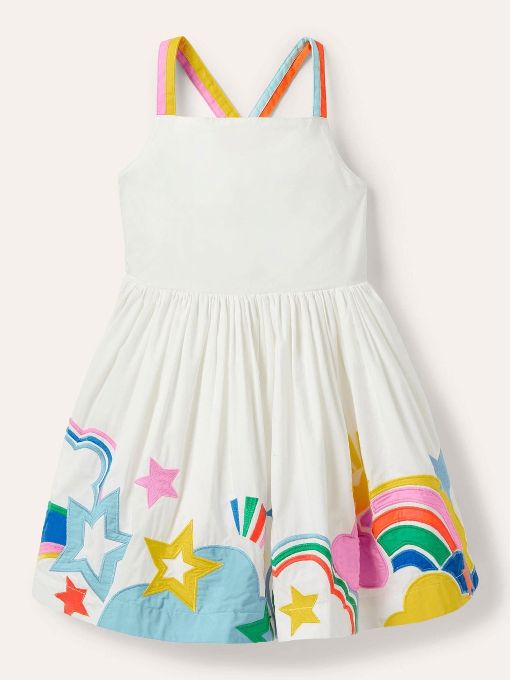 Mini Boden White Sundress with Rainbow & Star Appliqués